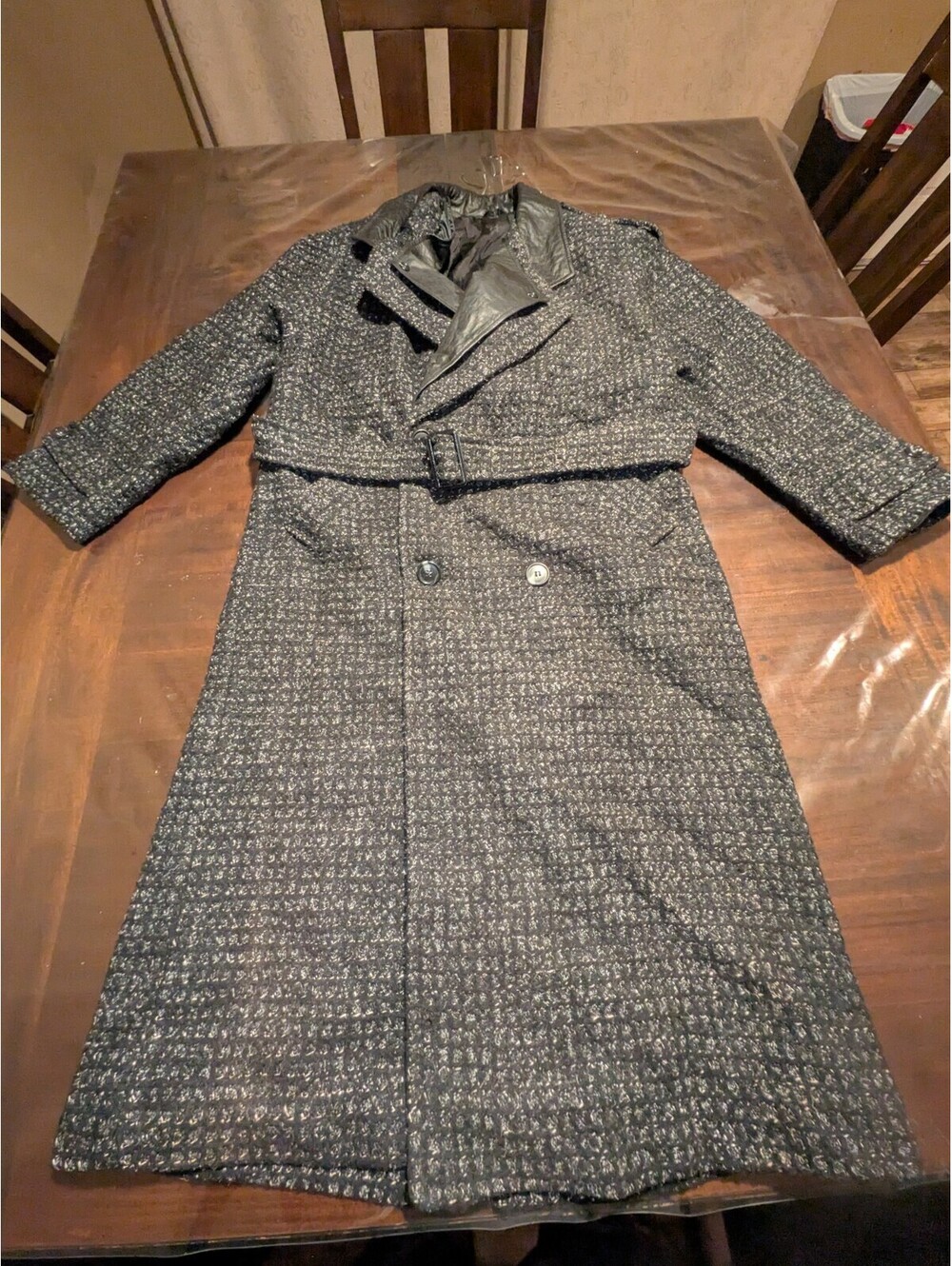 1980's Medium American Male Charcoal Herringbone Speckled Tweed Overcoat